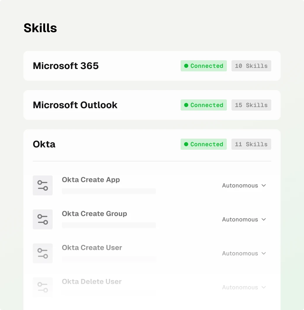 Skills list for Microsoft 365, Outlook and Okta, each skill set to Autonomous