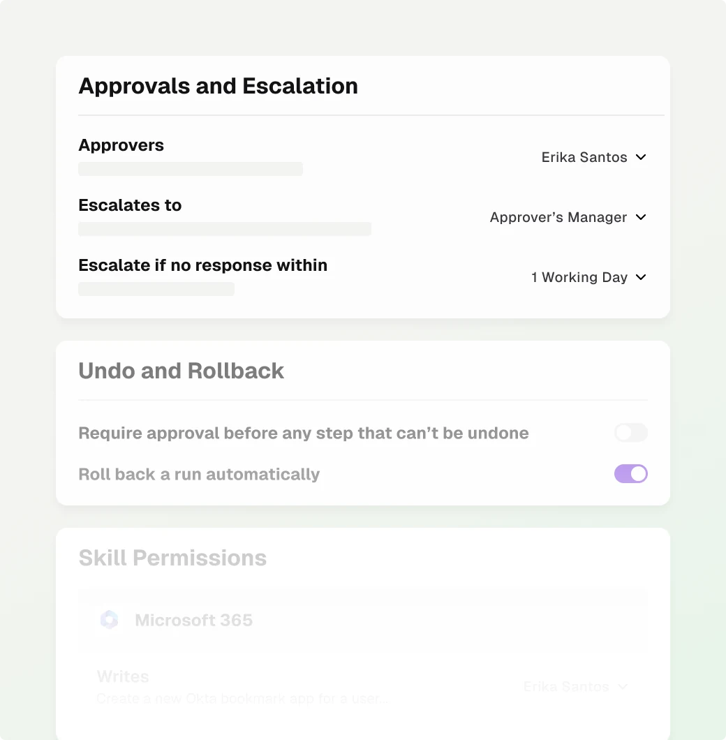 Approvals and escalation settings, with undo and rollback controls